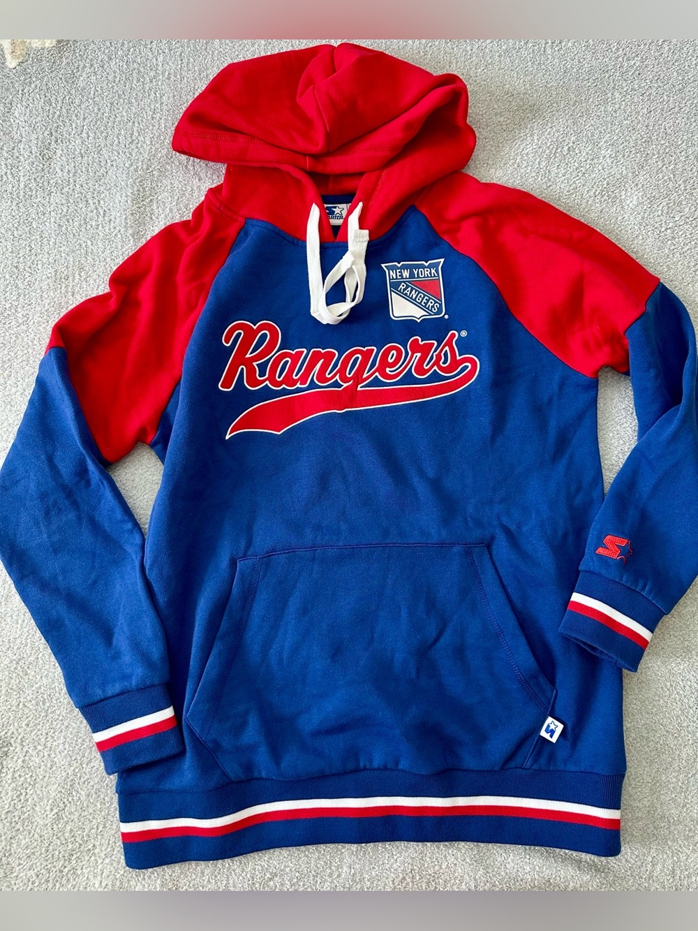 STARTER Navy Blue and Red Pullover Hoodie with White Drawstrings